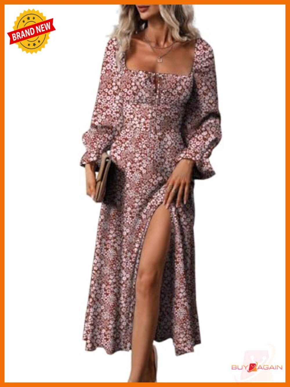 BLENCOT Women's Square Neck Long Sleeve Floral Boho Midi Dress with Side Split